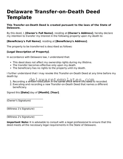 Fillable Transfer-on-Death Deed Document for the State of Delaware